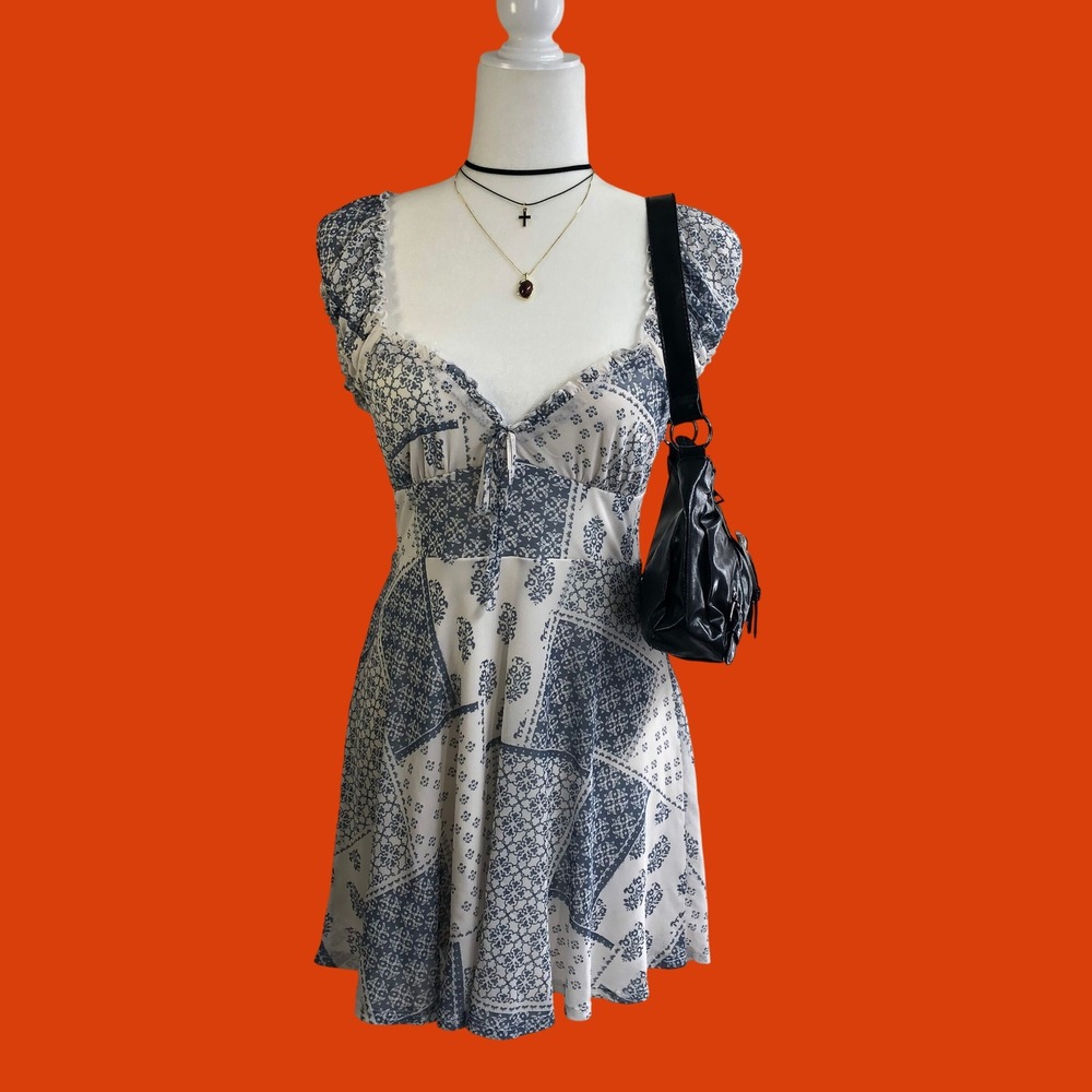 Urban Outfitters Blue Bandana Patchwork Milkmaid Mini Dress Size S Coquette Mesh